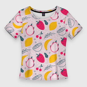 Женская футболка 3D Slim с принтом Fruit Pattern в Новосибирске,  |  | banana | berry | fruit | lemon | pattern | бананы | драконий фрукт | клубника | лимон | паттерн | текстура | фрукты | ягоды