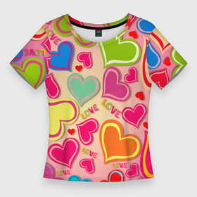 Женская футболка 3D Slim с принтом ЛЮБОВНЫЕ СЕРДЕЧКИ (LOVE HEARTS) в Новосибирске,  |  | валентинка | валентинки | день святого валентина | забавные | красный | любовь | милые | очаровательный | розовый | сердечки | синий | счастливый | эстетичный