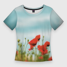 Женская футболка 3D Slim с принтом Маки  небо в Новосибирске,  |  | Тематика изображения на принте: в поле | красные пятна | мак | маки | небо | небо с цветами | поле | полевые цветы | природа | с маками | с цветами | цветочный принт | цветы