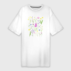 Платье-футболка хлопок с принтом Полевые цветы растения акварелью Ботаника в Новосибирске,  |  | Тематика изображения на принте: акварельная иллюстрация | ботаника | ботанический | василек | иван чай | кипрей | клевер | колокольчик | лаванда | лютик | одуванчик | растения | ромашка | цветы