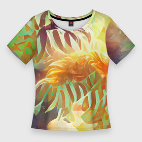Женская футболка 3D Slim с принтом Fern leaves в Новосибирске,  |  | colors | fern | jungle | leaves | multicoloured | palm | summer | tree | деревья | джунгли | летнее настроение | лето | листья | пальма | папоротник | радостный | разноцветный | растения | рисунок | тропики | яркий