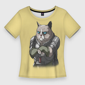 Женская футболка 3D Slim с принтом Сер Рыцарь Грумпи Кот в Новосибирске,  |  | cat | grumpy | knight | skerim | воин | дракон | королевство | кот | кошка | рыцарь | скайрим