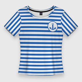 Женская футболка 3D Slim с принтом Морская тельняшка  бело синие полосы и якорь в Новосибирске,  |  | бело синий | вмф | морская тельняшка | моряк | полосатая майка | полоски | тельняшка | якорь