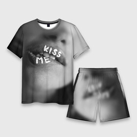 Мужской костюм с шортами 3D с принтом Kiss me в Новосибирске,  |  | girl | kisss me | love | strong | white and black | губы | девушка | лицо | любовь | надписи | поцелуй | поцелуй меня | с надписями | страсть | фото | фотоарт | черно белое | черно белые | чувства