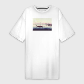 Платье-футболка хлопок с принтом Boats and Setting Sun (Лодки на закате) в Новосибирске,  |  | japan | бухта | винтаж | закат | залив | корабль | природа | япония | японская культура | японская эстетика | японский | японский стиль
