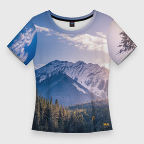 Женская футболка 3D Slim с принтом Горы  Лес  Солнце в Новосибирске,  |  | forest | mountains | sun | горы | лес | природа | солнце
