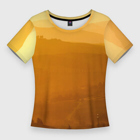Женская футболка 3D Slim с принтом Закат в пригороде в Новосибирске,  |  | вечер | дорога поле | закат | пригород | холмы