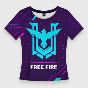 Женская футболка 3D Slim с принтом Символ Free Fire в неоновых цветах на темном фоне в Новосибирске,  |  | fire | free | free fire | garena | logo | neon | гарена | игра | игры | краска | лого | логотип | неон | символ | фаер | фри