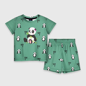 Детский костюм с шортами 3D с принтом Пандовая семья  Малышка в Новосибирске,  |  | Тематика изображения на принте: family | family look | family style | panda | pandas | бамбук | белый | для семьи | дочка | дочке | дочь | зеленый | малышка | медведи | медведь | мишка | мишки | панда | панды | семейные | семейный | семейный стиль | семья