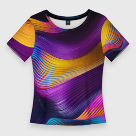 Женская футболка 3D Slim с принтом Абстрактная волновая композиция  Неоновые полосы  Abstract Wave Composition  Neon Stripes в Новосибирске,  |  | abstraction | color | composition | fashion | neon | streaks | wave | абстракция | волна | композиция | мода | неон | полосы | цвет