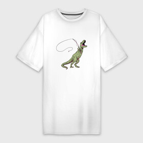 Платье-футболка хлопок с принтом ТИРАННОЗАВР РЫБАК  TYRANNOSAURUS REX FISHERMAN в Новосибирске,  |  | dino | dinosaur | fishing pole | saurus | trex | tyrrant | динозавр | для рыбака | прикол | рыбачит | с удочкой | ти рекс | тиранозавр | тирекс | удочка | юмор