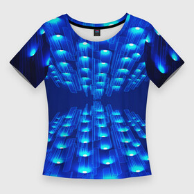 Женская футболка 3D Slim с принтом GLOWING SPOTLIGHTS в Новосибирске,  |  | абстракция | блеск | блестящий | луч | освещение | освещенный | прожектор | пространство | свет | светящийся | свечение | синий | темнота | фон | черный | эффект | яркий