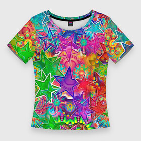 Женская футболка 3D Slim с принтом COLOR STARFALL в Новосибирске,  |  | Тематика изображения на принте: абстракция | желтый | звездопад | звезды | космос | красиво | минимализм | узор | фиолетовый | фон | цвета