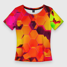 Женская футболка 3D Slim с принтом НЕОНОВЫЕ ГРАДИЕНТНЫЕ 3D гексаэдры в Новосибирске,  |  | 3d | 3d неон | 3д | 3д неон | 3д неон желтый | 3д неон оранжевый | броня | желтые принты | киберброня | киберпанк | киберпанк броня | красочные принты | латние принты | неон | неоновые принты
