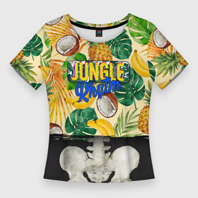 Женская футболка 3D Slim с принтом Тропики Ритм Джунглей  Ананасы Кокосы Бананы в Новосибирске,  |  | banana | coconut | jungle | palm | pina colada | pineapple | rhythm | rhytm | rytm | skeleton | summer | welcome to the jungle | банан | бананы | джунгли | листья пальмы | пальма | пипа колада | скелет | скелет человека | тропический рисунок | тропический