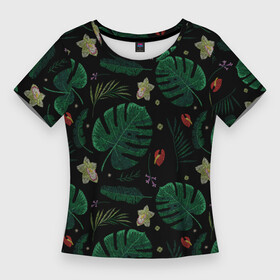 Женская футболка 3D Slim с принтом Тропические листья орхидеи цветы тропики эффект вышивки в Новосибирске,  |  | листья | орхидеи | тропики | тропические листья | тропические цветы | тропический | цветы | эффект вышивки