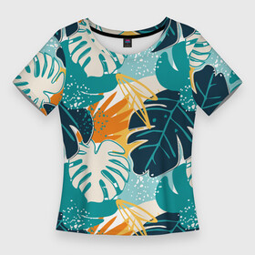 Женская футболка 3D Slim с принтом Летние зелёные тропики  Пальма  Tropical в Новосибирске,  |  | palm | pattern | summer | tropical | гавайка | гавайский рисунок | курорт | летний камуфляж | летний узор | листки | листы | пальмы | паттерн | тропик | тропический рисунок | узор | узор для лета | южные тропики