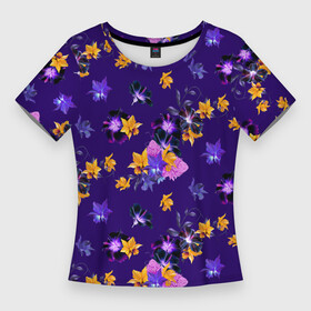 Женская футболка 3D Slim с принтом Цветы Разноцветные Ирисы На Синем Фоне в Новосибирске,  |  | flowers | букет | ирисы | природа | растение | синий | флора | цветы