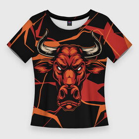 Женская футболка 3D Slim с принтом Голова красного быка в Новосибирске,  |  | red bull | бык | животное | красный | рога | рогатый | ярость
