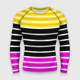 Мужской рашгард 3D с принтом Желтые розовые и черные полосы на белом в Новосибирске,  |  | black stripes | pink stripes | stripes | yellow | желтый | полосатый узор | розовый | черные полосы