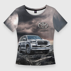 Женская футболка 3D Slim с принтом Toyota Land Cruiser 200 среди скал в Новосибирске,  |  | car | land cruiser | mountains | off road vehicle | rock | toyota | автомобиль | внедорожник | горы | скалы | тойота