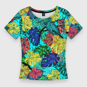 Женская футболка 3D Slim с принтом Тропические растения на бирюзовом фоне в Новосибирске,  |  | tropics | tropics  plants | желтые цветы | листья | листья монстеры | монстера | пальмовые листья | синие цветы