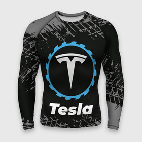 Мужской рашгард 3D с принтом Tesla в стиле Top Gear со следами шин на фоне в Новосибирске,  |  | auto | brand | gear | logo | symbol | tesla | top | авто | бренд | гир | илон | лого | маск | символ | следы | тесла | топ | шин | шины