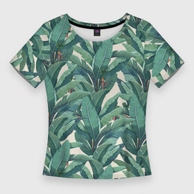 Женская футболка 3D Slim с принтом Листья Банановых Деревьев в Новосибирске,  |  | banana leaves | jungles | leaves | summer | банановые листья | деревья | джунгли | лето | листья