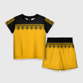 Детский костюм с шортами 3D с принтом Черное кружево на желтом фоне в Новосибирске,  |  | black lace | lace | желтый | кружева | черное кружево | черный и желтый