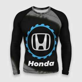 Мужской рашгард 3D с принтом Honda в стиле Top Gear со следами шин на фоне в Новосибирске,  |  | Тематика изображения на принте: auto | brand | gear | honda | logo | symbol | top | авто | бренд | гир | лого | символ | следы | топ | хонда | шин | шины