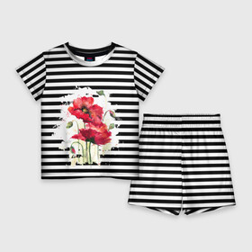 Детский костюм с шортами 3D с принтом Red poppies Акварельные цветы в Новосибирске,  |  | poppies | red poppies | watercolor | акварель | красные маки | маки | полосатый | черно белые полосы