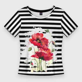 Женская футболка 3D Slim с принтом Red poppies Акварельные цветы в Новосибирске,  |  | Тематика изображения на принте: poppies | red poppies | watercolor | акварель | красные маки | маки | полосатый | черно белые полосы