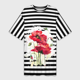 Платье-футболка 3D с принтом Red poppies Акварельные цветы в Новосибирске,  |  | poppies | red poppies | watercolor | акварель | красные маки | маки | полосатый | черно белые полосы