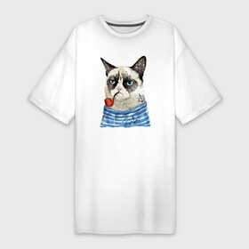 Платье-футболка хлопок с принтом Котяра в тельняшке с трубкой  Grumpy cat  Meme в Новосибирске,  |  | Тематика изображения на принте: anchor | cat | ears | eyes | grumpy cat | meme | muzzle | vest | глаза | котёнок | мем | тельняшка | уши | якорь