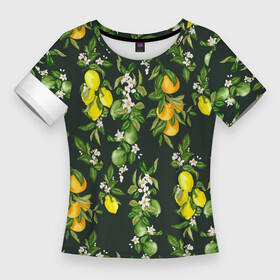 Женская футболка 3D Slim с принтом Апельсины, Лаймы и Лимоны в Новосибирске,  |  | апельсин | апельсины | в | вектор | ветка | графика | еда | жаркий | зелень | кастом | кислый | лайм | летний | лимон | лимоны | лист | мотив | нежный | паттерн | природа | растительный | рисунок