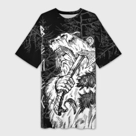 Платье-футболка 3D с принтом Велес славянский бог в Новосибирске,  |  | ancient russian | battle axe | bear | bestial god | deity | forest | pagan | veles | warrior | боевой топор | божество | велес | воин | древнерусский | лес | медведь | скотский бог | языческий
