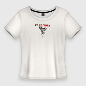 Женская футболка 3D Slim с принтом Paranoia, красный текст с ангелом в Новосибирске,  |  | Тематика изображения на принте: paranoia | ангел | ангел хранитель | девушка | искусство | красный текст | крылья | паранойя