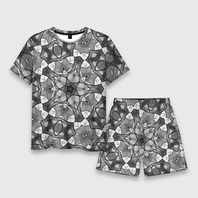 Мужской костюм с шортами 3D с принтом Черно белый геометрический мозаичный узор в Новосибирске,  |  | geometric   pattern | mosaic | геометрический узор | мозаика | серый | черно белый