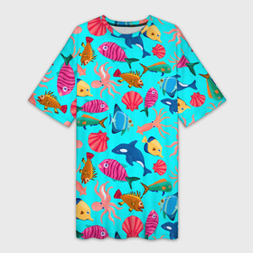 Платье-футболка 3D с принтом THE UNDERWATER WORLD OF THE OCEAN в Новосибирске,  |  | вода | дельфин | животные | лето | море | морской | океан | осьминог | под водой | подводный | природа | раковина | рыба | синий | узор