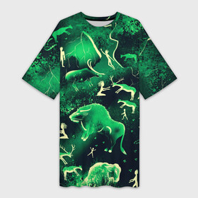 Платье-футболка 3D с принтом Альтернативная Альтамира зеленая в Новосибирске,  |  | альтамира | бизон | доисторический | зеленый | наскальные рисунки | первобытный | пещерная живопись