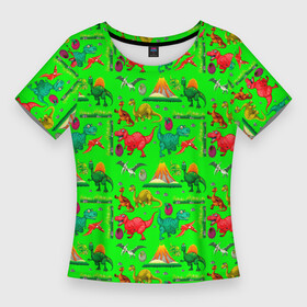 Женская футболка 3D Slim с принтом TEXTURE WITH DINOSAURS в Новосибирске,  |  | brontosaurus | egg | pterodactyl | tyrannosaurus | volcano | бронтозавр | вулкан | птеродактиль | тиранозавр | яйцо