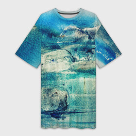 Платье-футболка 3D с принтом Прибрежная синева в Новосибирске,  |  | blue stones | seaside | берег моря | камни на берегу моря | прибрежная синева | синие камни | синий берег