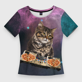 Женская футболка 3D Slim с принтом Космический котёнок диджей  Space DJ Cat в Новосибирске,  |  | galaxy | in space | pizza | vinyl | vynil | в космосе | винил | вселенная | галактика | диск жокей | космическая кошка | космический кот | космос | кот | котик | котята | микшер | пицца | прикол | пульт | юмор