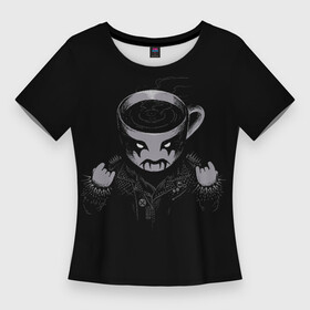 Женская футболка 3D Slim с принтом Black Metal Coffee в Новосибирске,  |  | black | coffee | cup | heavy | makeup | metal | грим | кожанка | косуха | кофе | металл | металлический | тяжелый | чашка | черный