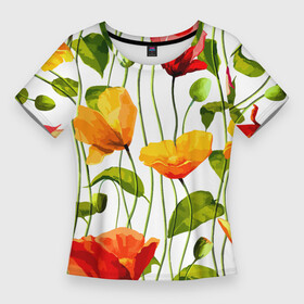 Женская футболка 3D Slim с принтом Волнообразный узор из цветков мака  Лето в Новосибирске,  |  | fashion | flowers | leaf | pattern | stem | summer | лето | лист | маки | мода | паттерн | стебель | цветы