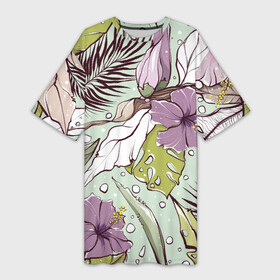 Платье-футболка 3D с принтом Розово сиреневые цветы петуньи с зеленовыми , бежевыми, белыми и коричневыми пальмовыми листами на мятном фоне в Новосибирске,  |  | банановый лист | белые листья | бесшовный | зелёные листья | зеленый | летний паттерн | монстера | мятный | пальмовые листья | паттерн | петунья | розовые цветы | садовые цветы