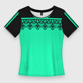 Женская футболка 3D Slim с принтом Черные кружева на ярком неоновом зеленом фоне lace pattern в Новосибирске,  |  | decoration | lace pattern | зеленый неоновый | кружевной узор | неоновый фон | черное кружево