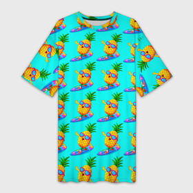 Платье-футболка 3D с принтом PINEAPPLE ON A SKATEBOARD в Новосибирске,  |  | colorful | cute | food | fruity | funny | green | happy | orange | summer | tropical | yellow | ананас | еда | желтый | забавный | зеленый | красочный | летний | милый | оранжевый | скейтборд | счастливый | тропический | фруктовый