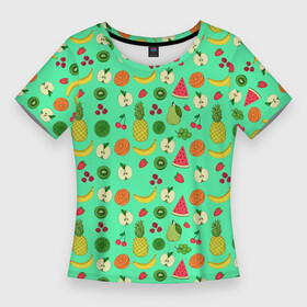Женская футболка 3D Slim с принтом FAVORITE FRUITS в Новосибирске,  |  | Тематика изображения на принте: a | favorite | food | grapes | green | healthy | kiwi | lemon | raspberry | strawberry | summer | yellow | ананас | арбуз | банан | вегетарианец | виноград | еда | желтые | зеленые | киви | клубника | красный | летние | лимон | любимые | малина