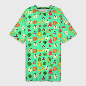 Платье-футболка 3D с принтом FAVORITE FRUITS в Новосибирске,  |  | a | favorite | food | grapes | green | healthy | kiwi | lemon | raspberry | strawberry | summer | yellow | ананас | арбуз | банан | вегетарианец | виноград | еда | желтые | зеленые | киви | клубника | красный | летние | лимон | любимые | малина